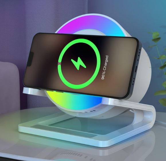 Night Light Bluetooth Speaker – 3-in-1 Bedside Lamp with 15W Wireless Charger, Dimmable LED & Multi-Coloured Ambient Lighting A-B0BJJKB256-B