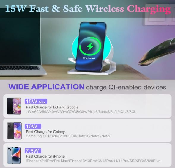 Night Light Bluetooth Speaker – 3-in-1 Bedside Lamp with 15W Wireless Charger, Dimmable LED & Multi-Coloured Ambient Lighting A-B0BJJKB256-B