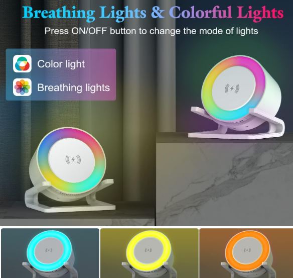 Night Light Bluetooth Speaker – 3-in-1 Bedside Lamp with 15W Wireless Charger, Dimmable LED & Multi-Coloured Ambient Lighting A-B0BJJKB256-B