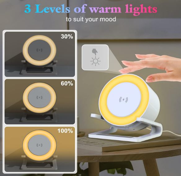 Night Light Bluetooth Speaker – 3-in-1 Bedside Lamp with 15W Wireless Charger, Dimmable LED & Multi-Coloured Ambient Lighting A-B0BJJKB256-B