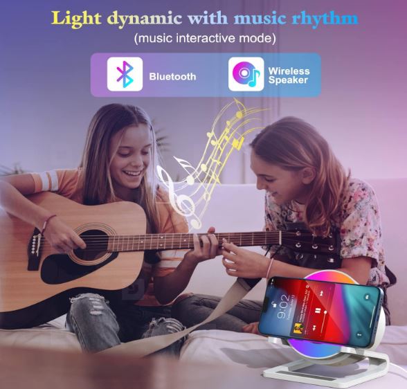 Night Light Bluetooth Speaker – 3-in-1 Bedside Lamp with 15W Wireless Charger, Dimmable LED & Multi-Coloured Ambient Lighting A-B0BJJKB256-B