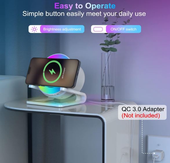 Night Light Bluetooth Speaker – 3-in-1 Bedside Lamp with 15W Wireless Charger, Dimmable LED & Multi-Coloured Ambient Lighting A-B0BJJKB256-B