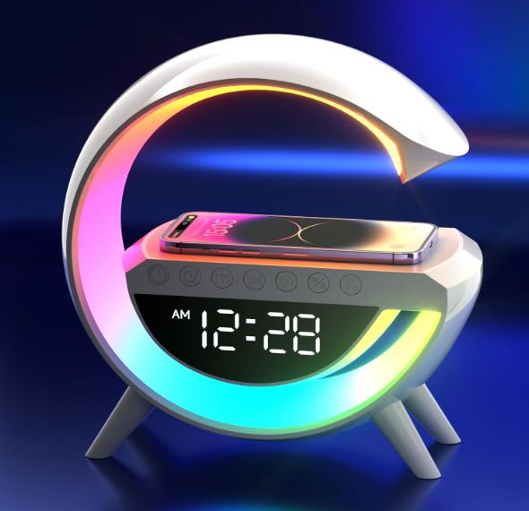 Smart Atmosphere Lamp with 15W Wireless Charger, Bluetooth Speaker & LED Alarm Clock – 13 Ambient Light Modes for Bedroom, Office & Kids Room (White, Energy Class A)
