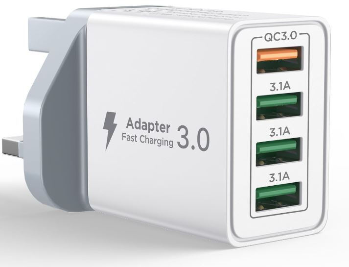 USB Plug Charger, 4-Port USB Fast Charger Plug with 33W Intelligent Quick Charge 3.0 Wall Charger, Multi USBPower Adapter UK Fast Charging for iPhone 15 14 13 Pro Max X 8 7 6,Samsung S21 S20 S10 S9