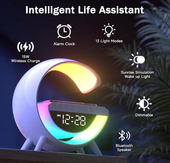 Smart Atmosphere Lamp with 15W Wireless Charger, Bluetooth Speaker & LED Alarm Clock – 13 Ambient Light Modes for Bedroom, Office & Kids Room (White, Energy Class A)
