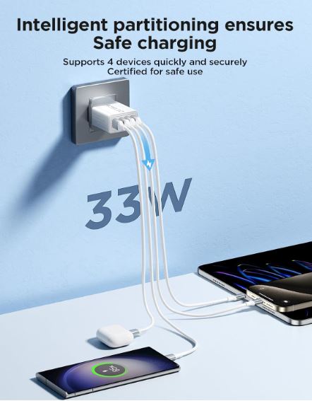 USB Plug Charger, 4-Port USB Fast Charger Plug with 33W Intelligent Quick Charge 3.0 Wall Charger, Multi USBPower Adapter UK Fast Charging for iPhone 15 14 13 Pro Max X 8 7 6,Samsung S21 S20 S10 S9