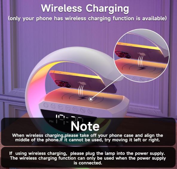 Smart Atmosphere Lamp with 15W Wireless Charger, Bluetooth Speaker & LED Alarm Clock – 13 Ambient Light Modes for Bedroom, Office & Kids Room (White, Energy Class A)
