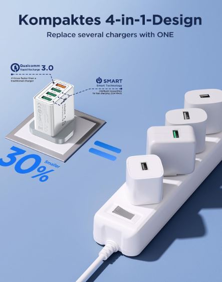 USB Plug Charger, 4-Port USB Fast Charger Plug with 33W Intelligent Quick Charge 3.0 Wall Charger, Multi USBPower Adapter UK Fast Charging for iPhone 15 14 13 Pro Max X 8 7 6,Samsung S21 S20 S10 S9