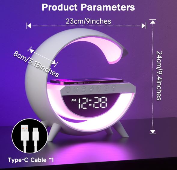 Smart Atmosphere Lamp with 15W Wireless Charger, Bluetooth Speaker & LED Alarm Clock – 13 Ambient Light Modes for Bedroom, Office & Kids Room (White, Energy Class A)