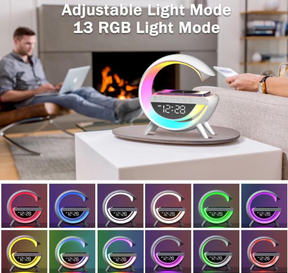 Smart Atmosphere Lamp with 15W Wireless Charger, Bluetooth Speaker & LED Alarm Clock – 13 Ambient Light Modes for Bedroom, Office & Kids Room (White, Energy Class A)