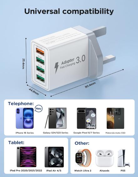 USB Plug Charger, 4-Port USB Fast Charger Plug with 33W Intelligent Quick Charge 3.0 Wall Charger, Multi USBPower Adapter UK Fast Charging for iPhone 15 14 13 Pro Max X 8 7 6,Samsung S21 S20 S10 S9