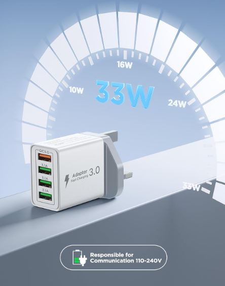 USB Plug Charger, 4-Port USB Fast Charger Plug with 33W Intelligent Quick Charge 3.0 Wall Charger, Multi USBPower Adapter UK Fast Charging for iPhone 15 14 13 Pro Max X 8 7 6,Samsung S21 S20 S10 S9
