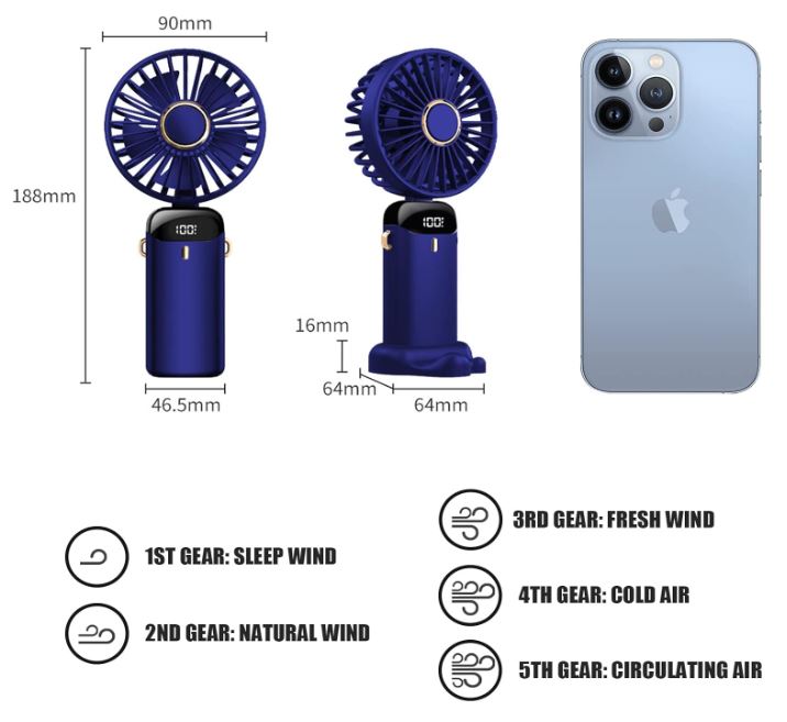 5-Speed Portable Handheld Fan – USB Rechargeable Foldable Mini Fan with LED Display for Home, Office & Travel (Dark Blue)