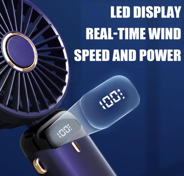 5-Speed Portable Handheld Fan – USB Rechargeable Foldable Mini Fan with LED Display for Home, Office & Travel (Dark Blue)