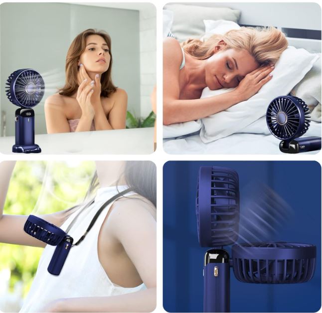 5-Speed Portable Handheld Fan – USB Rechargeable Foldable Mini Fan with LED Display for Home, Office & Travel (Dark Blue)