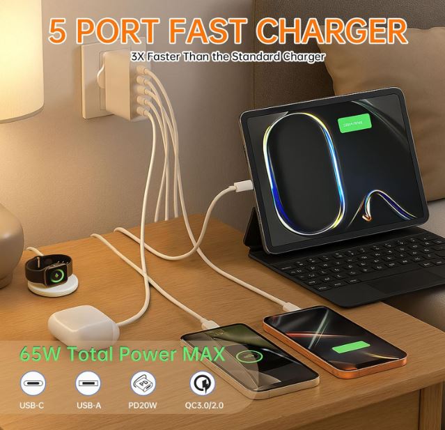 USB C Plug Fast Charge, 5-Port 65W Multi USB Plug UK Fast Charger Plug USBC Power Adapter+QC Wall Charger Head Type C Charging Plug Compatible with iPhone 17 16 15 14 13 12 11 Pro Max,Samsung
