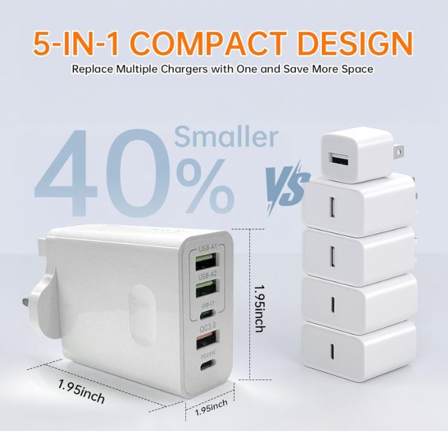 USB C Plug Fast Charge, 5-Port 65W Multi USB Plug UK Fast Charger Plug USBC Power Adapter+QC Wall Charger Head Type C Charging Plug Compatible with iPhone 17 16 15 14 13 12 11 Pro Max,Samsung