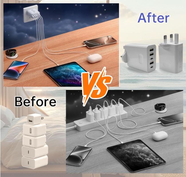 USB C Plug Fast Charge, 5-Port 65W Multi USB Plug UK Fast Charger Plug USBC Power Adapter+QC Wall Charger Head Type C Charging Plug Compatible with iPhone 17 16 15 14 13 12 11 Pro Max,Samsung