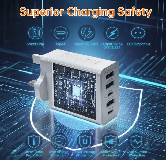 USB C Plug Fast Charge, 5-Port 65W Multi USB Plug UK Fast Charger Plug USBC Power Adapter+QC Wall Charger Head Type C Charging Plug Compatible with iPhone 17 16 15 14 13 12 11 Pro Max,Samsung